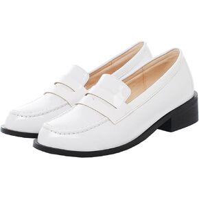 Elbslutt Women's Patent Leather Loafers Low Chunky Heel Slip On Pumps Round Toe Casual Shoes