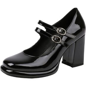 Women's Chunky Heels Platform Mary Janes Square Toe Pumps 3 Strap Patent Leather Block High Heel Dress Shoes