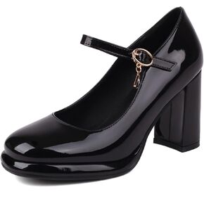 Women's Chunky Heels Platform Mary Janes Square Toe Pumps 3 Strap Patent Leather Block High Heel Dress Shoes in Kuwait