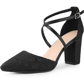 Perphy Pointed Toe Cross Straps Chunky Heel Lace Pumps for Women
