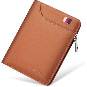 VANNANBA Small Wallet with Zipper Genuine Leather RFID Blocking Credit Card Wallet with Coin Pocket Bifold Wallets, Gift for Men(Brown)