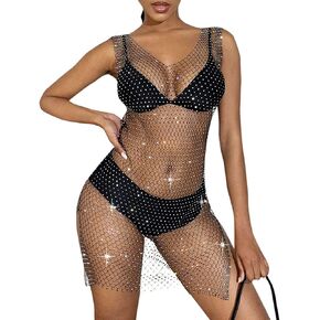 Women's Sexy See Through Mesh Beach Bikni Swimsuit Sleeveless Cover Up Rhinestone Swimwear Bathing Suit Coverups