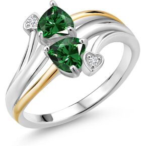 Gem Stone King 925 Silver and 10K Yellow Gold Green Nano Emerald and White Lab Grown Diamond 2 Heart Promise Couple Engagement Mother Ring For Women (1.02 Cttw, Available In Size 5, 6, 7, 8, 9)