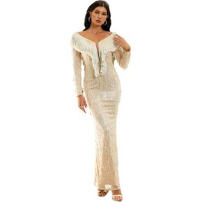 فستان Lin Lin Q نسائي طويل مزين بالترتر ورقبة على شكل حرف V، فستان سهرة طويل الأكمام بحورية البحر in Kuwait