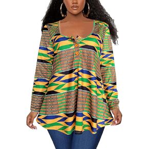 Afibi Women's Long Sleeve Henley T Shirts Button Down Loose Fit Tops Scoop Neck African Dashiki Shirts