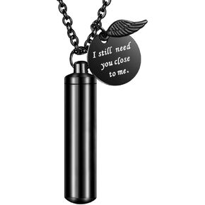 Dletay Cylinder Cremation Jewelry Urn Necklace for Ashes Memorial Ashes Necklace with Angel Wing Charm Memorial Keepsake for Pet Human-I Still Need You Close to Me