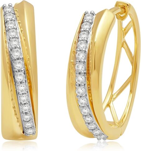 Jewelili 10K Yellow Gold 1/4 Cttw Natural White Round Diamonds Hoop Earrings in Saudi Arabia
