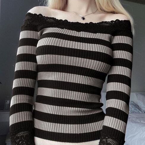 Women's Off Shoulder Knit Sweaters y2k Lace Trim Slim Fit Long Sleeve Cable Knit Pullover Tops Aesthetic Sweater in Saudi Arabia