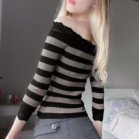 Women's Off Shoulder Knit Sweaters y2k Lace Trim Slim Fit Long Sleeve Cable Knit Pullover Tops Aesthetic Sweater in Saudi Arabia