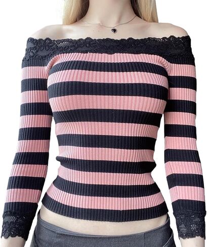Women's Off Shoulder Knit Sweaters y2k Lace Trim Slim Fit Long Sleeve Cable Knit Pullover Tops Aesthetic Sweater in Saudi Arabia