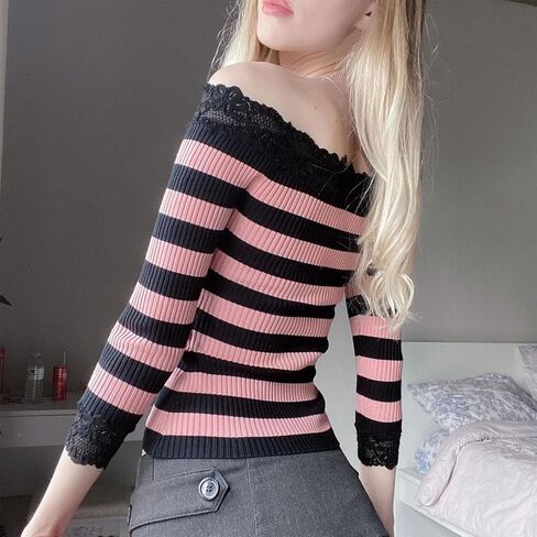 Women's Off Shoulder Knit Sweaters y2k Lace Trim Slim Fit Long Sleeve Cable Knit Pullover Tops Aesthetic Sweater in Saudi Arabia