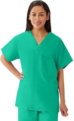 Medline 100%-Cotton Unisex Reversible V-Neck Scrub Top, 2 Pockets, Jade, Size Large in Saudi Arabia