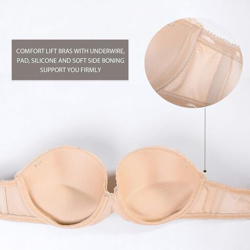 DOBREVA Women's Strapless Push Up Bra Plus Size Padded Underwire Multiway Bandeau in Kuwait