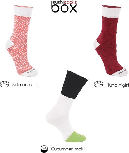 جوارب قوس قزح - للرجال والنساء - صندوق جوارب سوشي، سمك التونة والسلمون والخيار ماكي - 3 أزواج in Kuwait