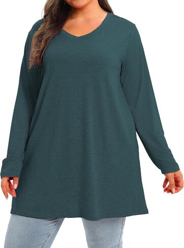 Beocut حجم كبير الخامس الرقبة طويلة الأكمام تونك القمم المرأة الخريف قمصان طويلة بلايز تي شيرت فضفاضة تناسب الستر in Kuwait