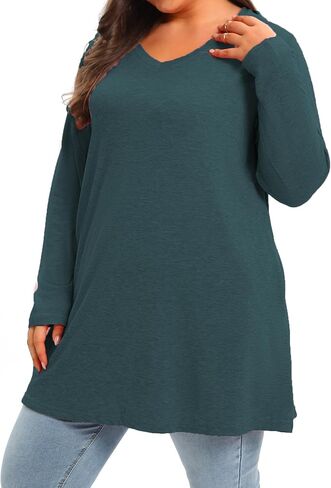 Beocut حجم كبير الخامس الرقبة طويلة الأكمام تونك القمم المرأة الخريف قمصان طويلة بلايز تي شيرت فضفاضة تناسب الستر in Kuwait