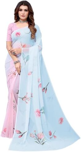 ساري جورجيت نسائي مطبوع رقميًا من SIRIL مع قطعة بلوزة غير مخيطة (2658S220_) أزرق فاتح مجاني، وردي فاتح in Kuwait