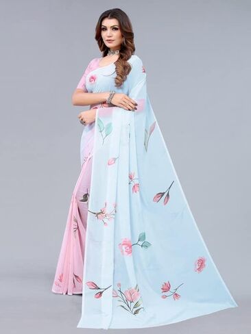 ساري جورجيت نسائي مطبوع رقميًا من SIRIL مع قطعة بلوزة غير مخيطة (2658S220_) أزرق فاتح مجاني، وردي فاتح in Kuwait