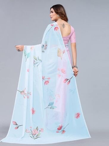 ساري جورجيت نسائي مطبوع رقميًا من SIRIL مع قطعة بلوزة غير مخيطة (2658S220_) أزرق فاتح مجاني، وردي فاتح in Kuwait