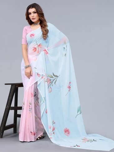 ساري جورجيت نسائي مطبوع رقميًا من SIRIL مع قطعة بلوزة غير مخيطة (2658S220_) أزرق فاتح مجاني، وردي فاتح in Kuwait