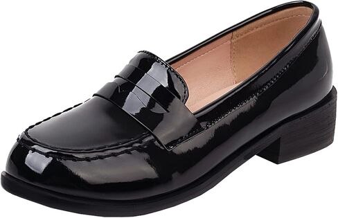 Elbslutt Women's Patent Leather Loafers Low Chunky Heel Slip On Pumps Round Toe Casual Shoes in Saudi Arabia