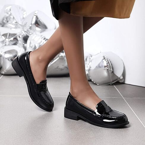 Elbslutt Women's Patent Leather Loafers Low Chunky Heel Slip On Pumps Round Toe Casual Shoes in Saudi Arabia