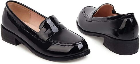 Elbslutt Women's Patent Leather Loafers Low Chunky Heel Slip On Pumps Round Toe Casual Shoes in Saudi Arabia