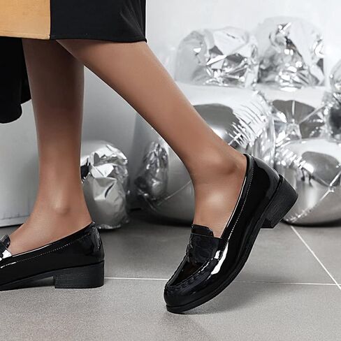 Elbslutt Women's Patent Leather Loafers Low Chunky Heel Slip On Pumps Round Toe Casual Shoes in Saudi Arabia