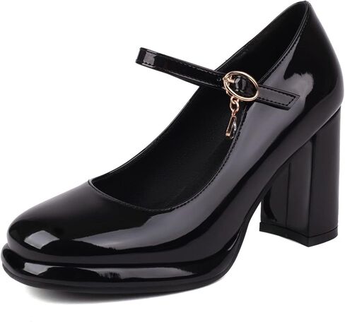 Women's Chunky Heels Platform Mary Janes Square Toe Pumps 3 Strap Patent Leather Block High Heel Dress Shoes in Kuwait