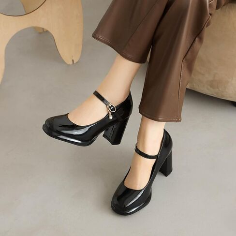 Women's Chunky Heels Platform Mary Janes Square Toe Pumps 3 Strap Patent Leather Block High Heel Dress Shoes in Kuwait