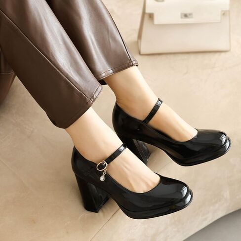 Women's Chunky Heels Platform Mary Janes Square Toe Pumps 3 Strap Patent Leather Block High Heel Dress Shoes in Kuwait