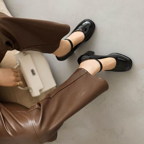 Women's Chunky Heels Platform Mary Janes Square Toe Pumps 3 Strap Patent Leather Block High Heel Dress Shoes in Kuwait