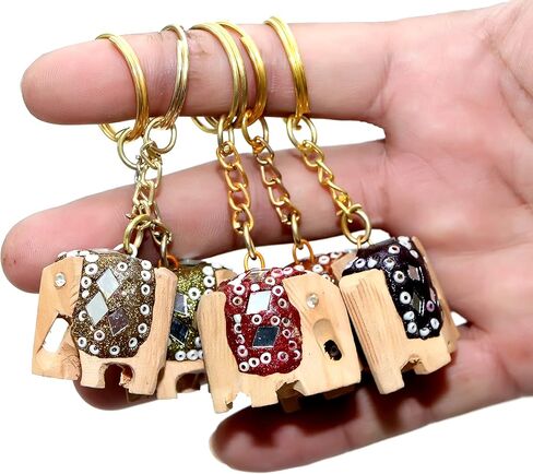 Wooden Elephant Keychains Wooden Hand Carved Keyrings Key Chains Pack Of 6 Pieces in Saudi Arabia