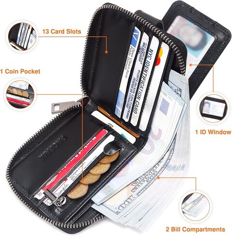 محفظة بسحاب للرجال، سحاب من الجلد الطبيعي حول المحفظة RFID تحجب نافذة الهوية ثنائية الطي، محفظة بسحاب مع جيب للعملات المعدنية in Kuwait