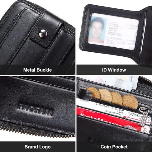 محفظة بسحاب للرجال، سحاب من الجلد الطبيعي حول المحفظة RFID تحجب نافذة الهوية ثنائية الطي، محفظة بسحاب مع جيب للعملات المعدنية in Kuwait