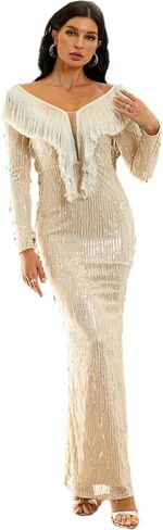 فستان Lin Lin Q نسائي طويل مزين بالترتر ورقبة على شكل حرف V، فستان سهرة طويل الأكمام بحورية البحر in Kuwait