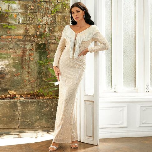 فستان Lin Lin Q نسائي طويل مزين بالترتر ورقبة على شكل حرف V، فستان سهرة طويل الأكمام بحورية البحر in Kuwait