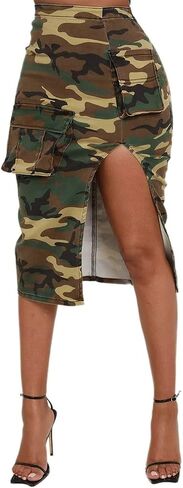 Flamingals Women's Camo Print Split Thigh Pocket Front Y2K Midi Skirt wih Pockets in Saudi Arabia