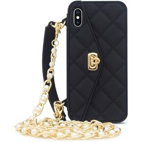 for iPhone XS Max Handbag Case with Card Holder Wrist Lanyard Strap Soft Silicone Cover for iPhone XS Max Wallet Case for Women Luxury Stylish Long Pearl Crossbody Chain Case for iPhone XS Max