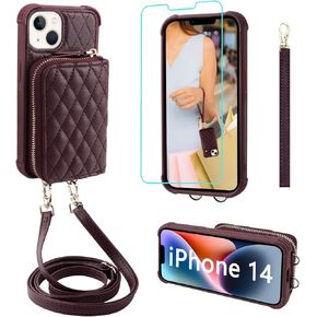 MONASAY Zipper Wallet Case Fit for iPhone 14/13 6.1in[Glass Screen Protector][RFID Blocking] Flip Leather Handbag Phone Cover with Card Holder&Detachable Crossbody Shoulder Lanyard Strap, Burgundy