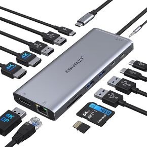 USB C Docking Station 3 Monitors USB C Hub Laptop Dual Monitor Multiport Adapter Dock Dongle,USB C to 2 HDMI,4K DisplayPort,PD Charging,Ethernet,7 USB C/A Ports,SD/TF,Audio for Dell/HP/Lenovo/Surface