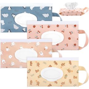 4Pcs Travel Wipes Case 24cm *13.5cm Portable Wipes Dispenser with locking strip Sealing Strip Closure Reusable Wipes Pouch for Daily and Travel Wipes (Bear, Bunny, Penguin, Strawberry) in Saudi Arabia