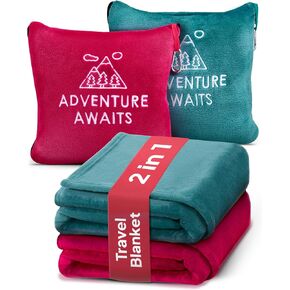 Travel Pillow & Blanket Set - Super Soft 2 in 1 Blanket with Cozy Hand & Feet Pouches Zip into Plush Pillows - Large Size Wraps You in Warmth on Airplanes - Luggage Sleeve & Backpack Clip (Gray)