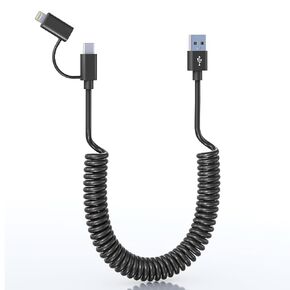 USB C and Lightning Cable 2 in 1 Dual Cable - 3A Fast Charging & Data Sync Apple CarPlay & Android Auto Coiled Short Durable Anti-Tangle iPhone Android Charger Cord Combo Lightning/Type C/USB A, 3FT