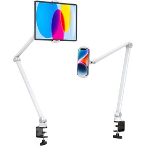 Tablet Stand Holder Desk Mount,360°Rotating Flexibly, Angle Adjustable Long Arm, Folding Aluminium Alloy Compatible with4.7-13" Phone or Tablet in Kitchen/Office(White)