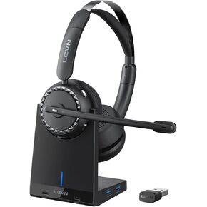 LEVN Wireless Headset, Wireless Headset with Mic for Work (AI Noise Cancelling), 4 USB Ports Hub, 65 Hrs Working Time, Bluetooth Headset with Microphone from Home/PC/Computer/Call Center/Teams/Zoom