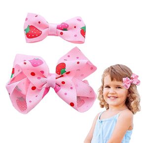 2pcs Strawberry Bow Hair Clips for Baby Girls, Pink Strawberry Ribbon Bows Cute Fruit Hair Bow Barrettes Alligator Clips Strawberry Hair Accessories Birthday Party Favours Gifts for Toddlers Girls