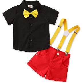 Toddler Baby Boys Kids Short Sleeve Bowtie Buttons Bodysuit Shirts Suspender Shorts Casual Summer Clothes Sets