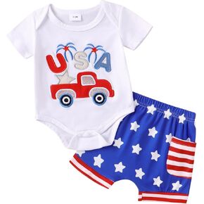 Newborn Baby Boy 4th of July Outfit Letter Short Sleeve Romper Tops Shorts Sets Cute American Flag Summer Clothes