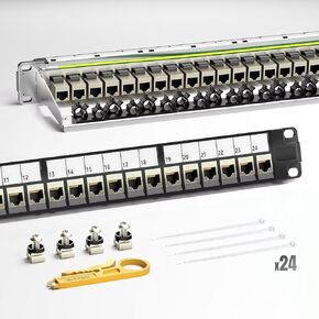 AMPCOM CAT7 Keystone Patch Panel 24-Port 1U with 10G Shielded Ethernet Inline Coupler - 19 Inch Rackmount &Wall Mount with Rear Support Bar
